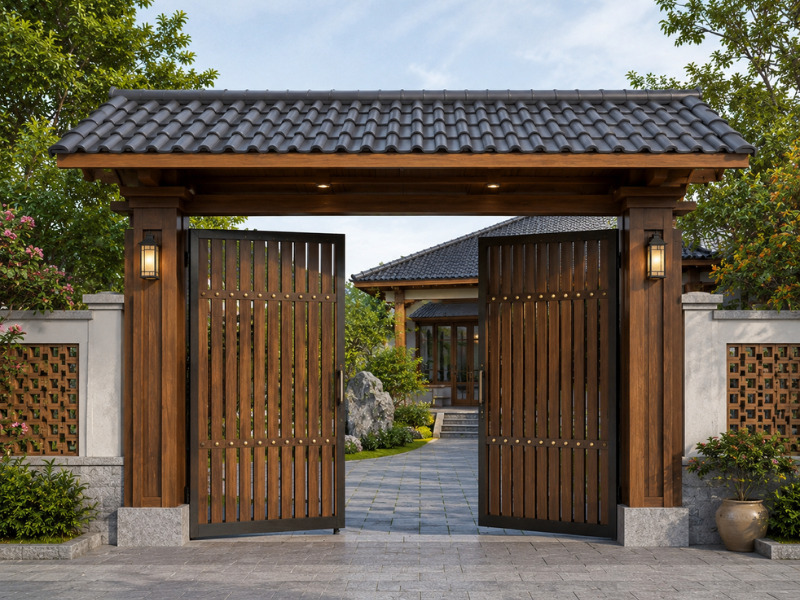 Cổng gỗ nhựa mái ngói đẹp