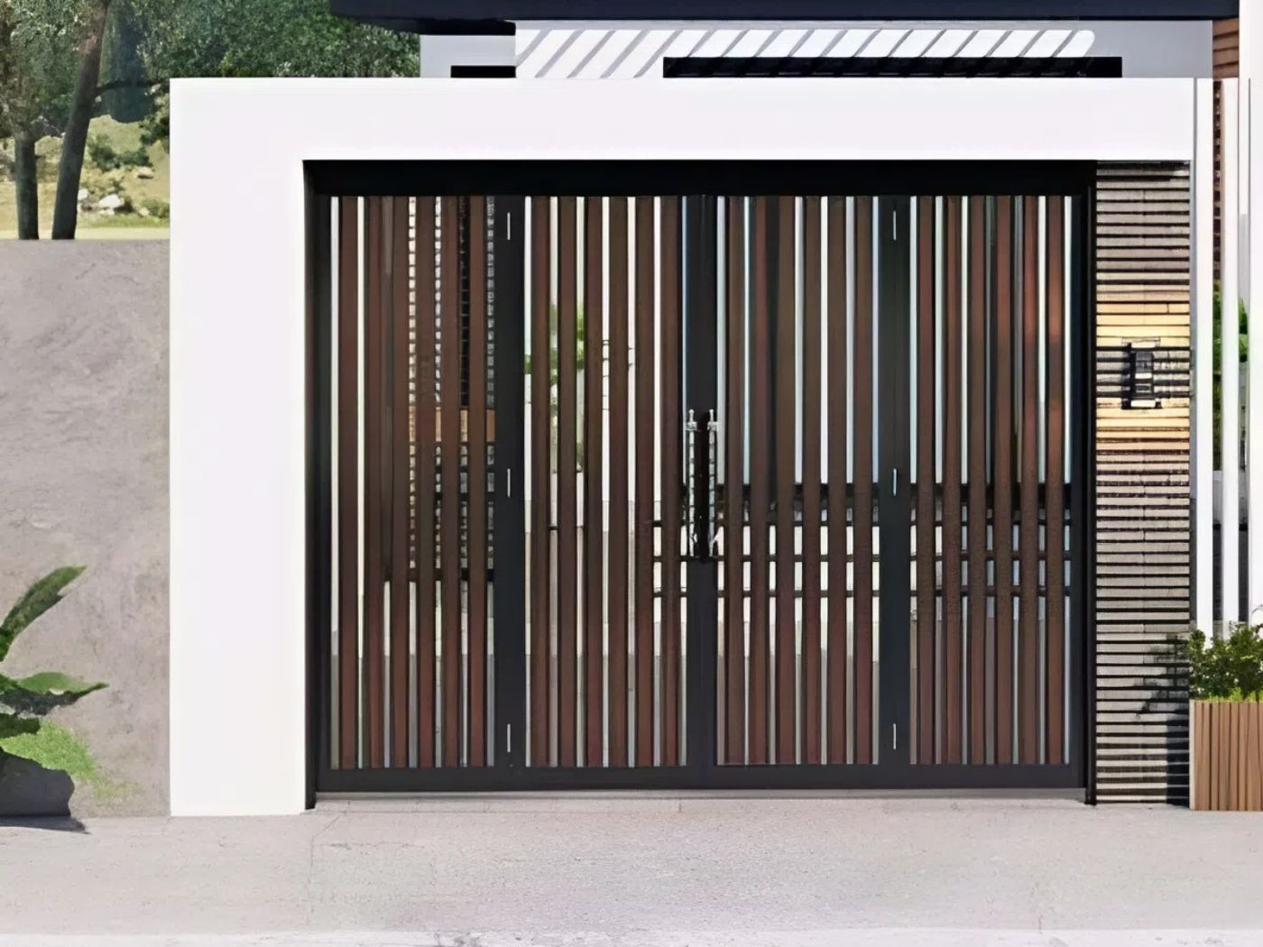 Cổng mái bằng phối gỗ nhựa ấm mắt