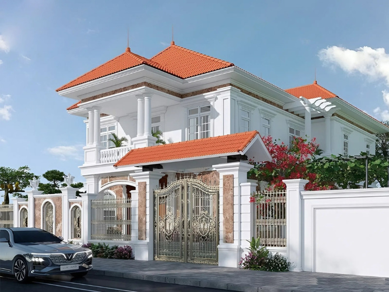 Mặt tiền hài hòa với thiết kế cổng có mái che