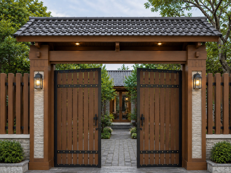 Mẫu cổng lợp ngói đẹp kết hợp vật liệu gỗ nhựa