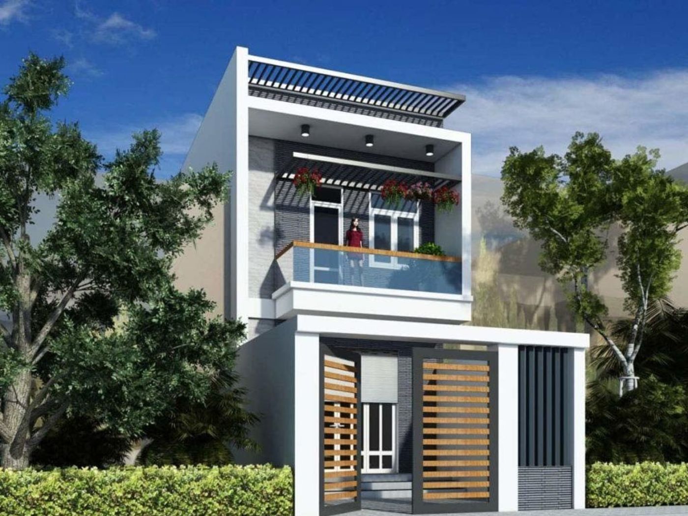 Mẫu cổng nhựa giả gỗ mái bằng